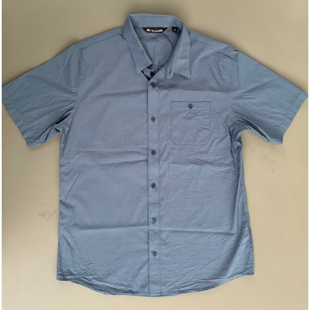 TravisMathew Mens Blue Striped Short Sleeve Button Down Shirt Large Stretch Golf